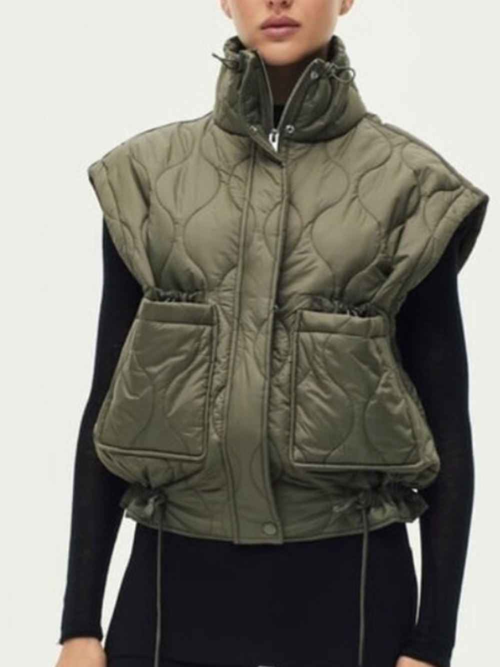 Zara ZW Collection Water Repellent Quilted Olive Khaki Puffer Vest